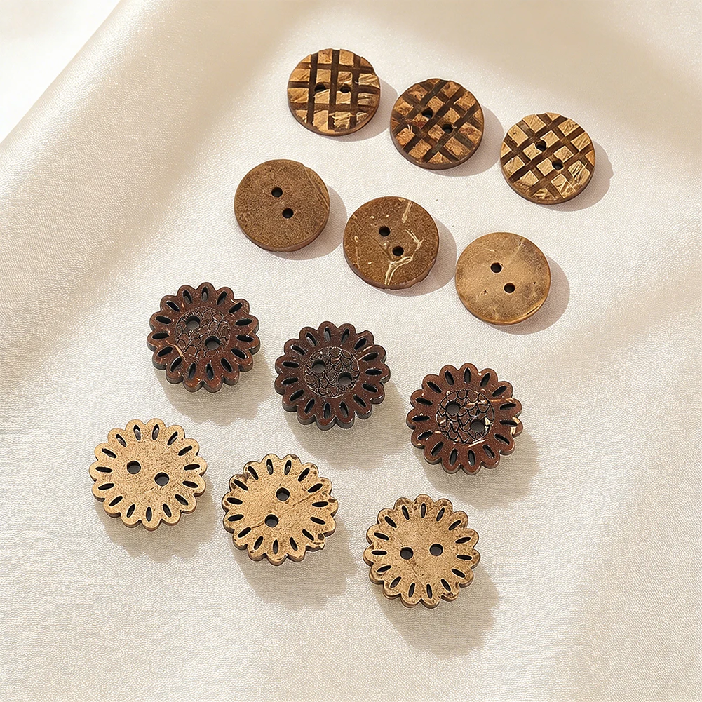 10pcs Round Waffle Patterned Daisy Shaped Coconut Shell Buttons Natural Material Children's Dresses Backpacks Sewing Accessories