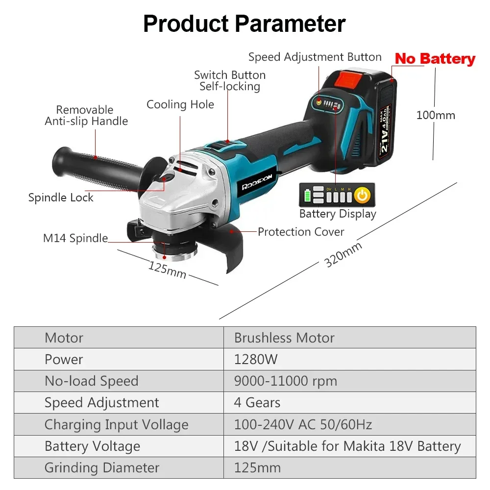 100/125mm Brushless Cordless Impact Angle Grinder Polisher Machine Woodworking Power Tool Cutting Machine for Makita 18V Battery