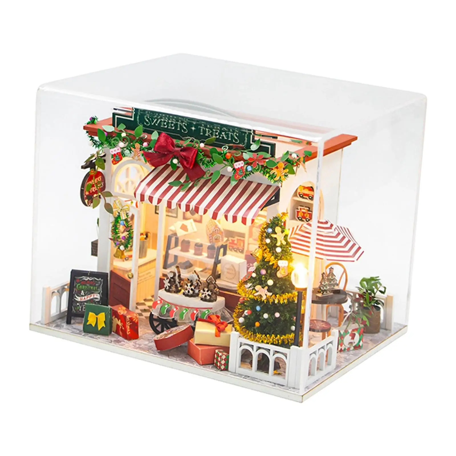 Christmas Cottage Dollhouse DIY Kit Wooden 3D Model with Lights and Dust Cover for Creative Holiday Home Craft