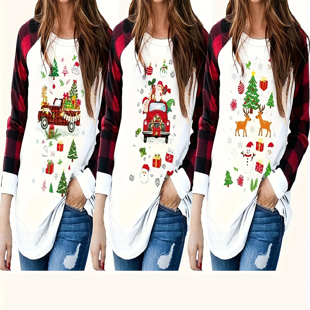 

Новинка сезона Рождества 2025: комплект из 3 предметов — красно-черный свитшот в клетку с рукавами реглан, с принтами Санты и грузовика, свободный крой, праздничный стиль