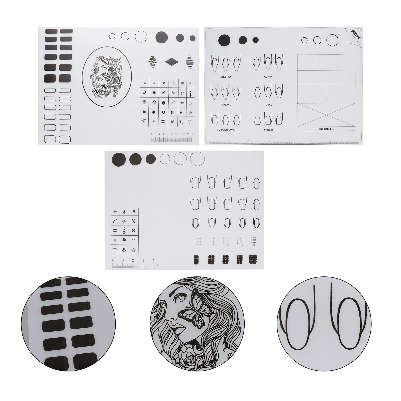 

3 Pcs Coloring Pad Washable Practice Silicone Manicure Mats 10 Sizes Nail Shapes Decals Black White Testing Zones Grids Rule