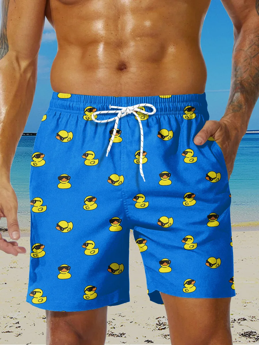 Men's Yellow Ducks Graphic Blue Shorts Hawaii Style 3D Printed Shorts Drawstring Trunks Man Vacation Sweatpants Man Shorts