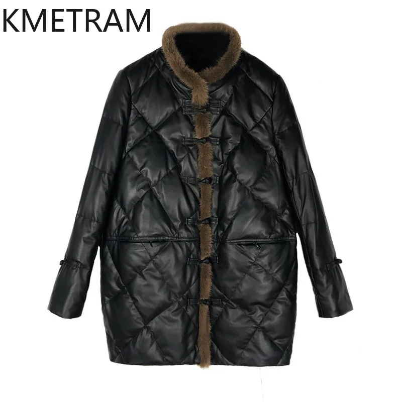 100% جلد الغنم أسفل معاطف النساء جلد طبيعي أسود منتصف طول سترة منفوخة ملابس الشتاء امرأة 2025 ملابس خارجية putaхоovyк
