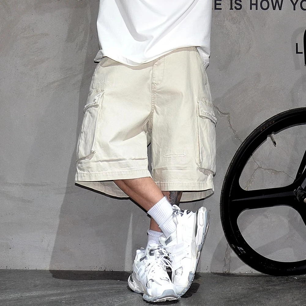 Mens Summer Cargo Shorts Premium Heavyweight Streetwear Hip Hop Skateboard Korean Style Straight Leg 5-Inch Casual Large Pockets