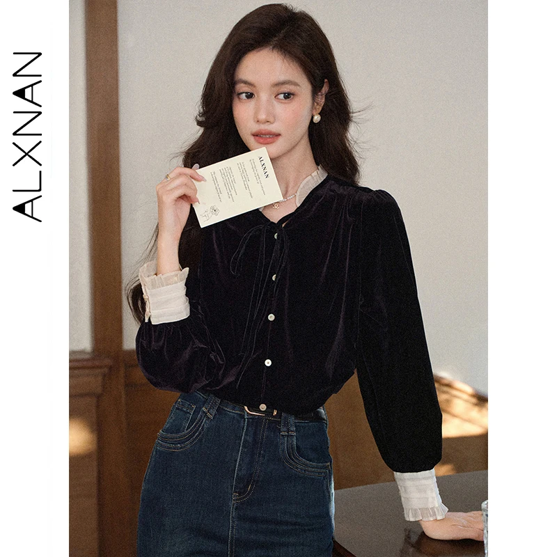 

ALXNAN Black Shirt Lace Trim Patchwork Layered Collar Tie Woman's Shirt Autumn Velvet Soft High-quality Long Sleeve Tops L57958