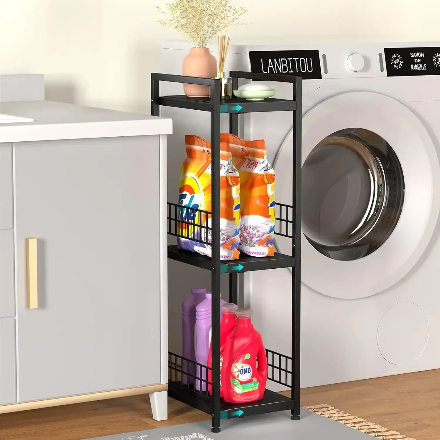 DAOUTIME 3-Tier Metal Shelving Unit, Expandable, Free-Standing, Narrow, Open Floor Shelves, Ideal for Bathroom, Kitchen