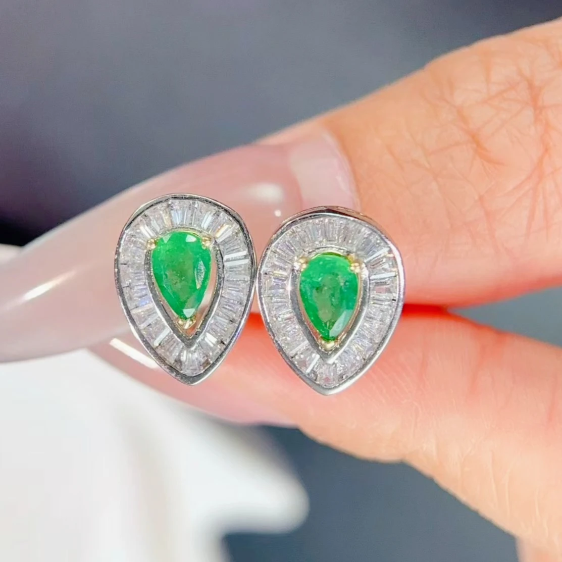 Genuine Emerald Earrings 925 Silver Teardrop Shape 4x6mm Natural Stone Stud Earrings Women Luxury Wedding Party Jewelry