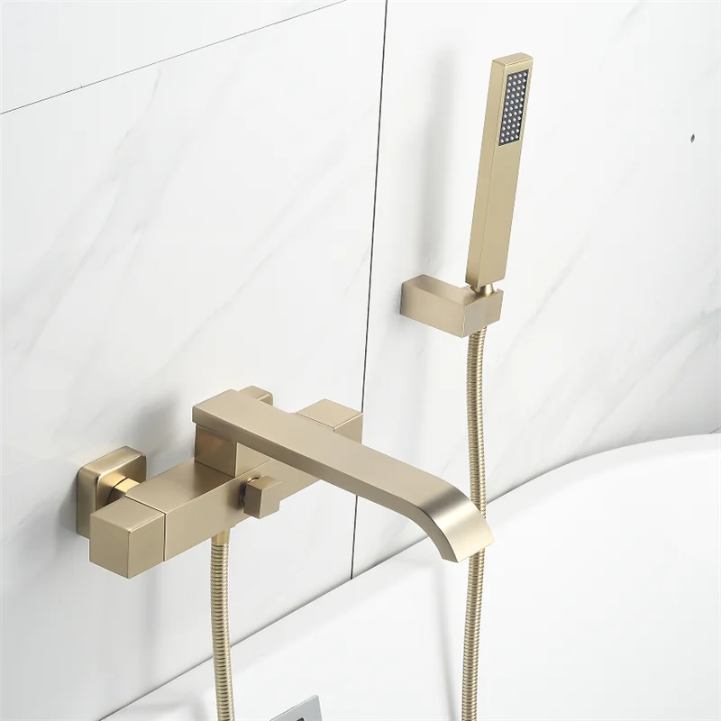 Tuqiu Brushed Gold Bathtub Shower Set Wall Mounted Hot and Cold Waterfall Bathtub Faucet  Hot Cold Bath and Shower Mixer Tap