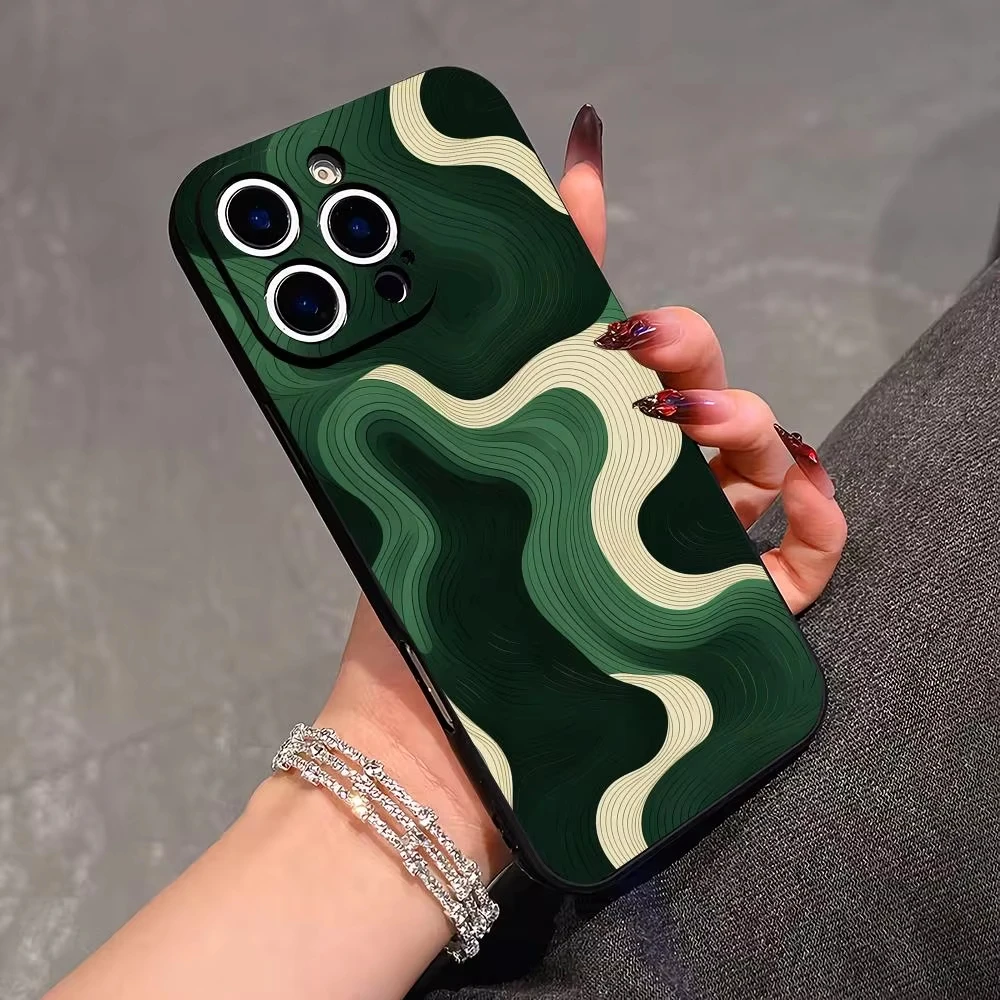 Green Wave Texture  Minimalist Swirl Design  Phone Case For Samsung S25 FE S24 Plus S23 Ultra S22 S21  Slim Fit Protective Case