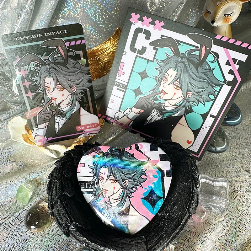 Jogo Genshin Impact Killer Rabbit Boy Série Emblema, Pins Broche, Cosplay Cartões de PVC, Coleção Pingente, Square Card Gift, 3Pcs Set