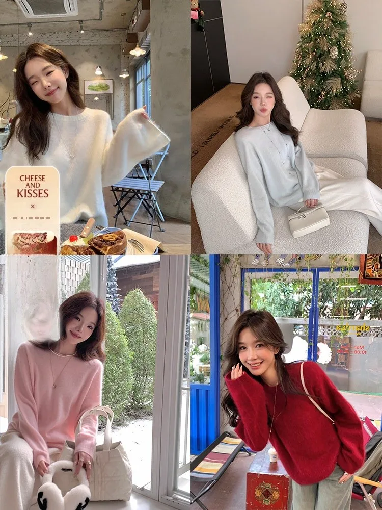

Lu eep Wool Lazy Overhead Sweater Fuzzy Sensation Premium Comfort Women's Knitwear Sweet Sle Loose Fit Long Sve roun...