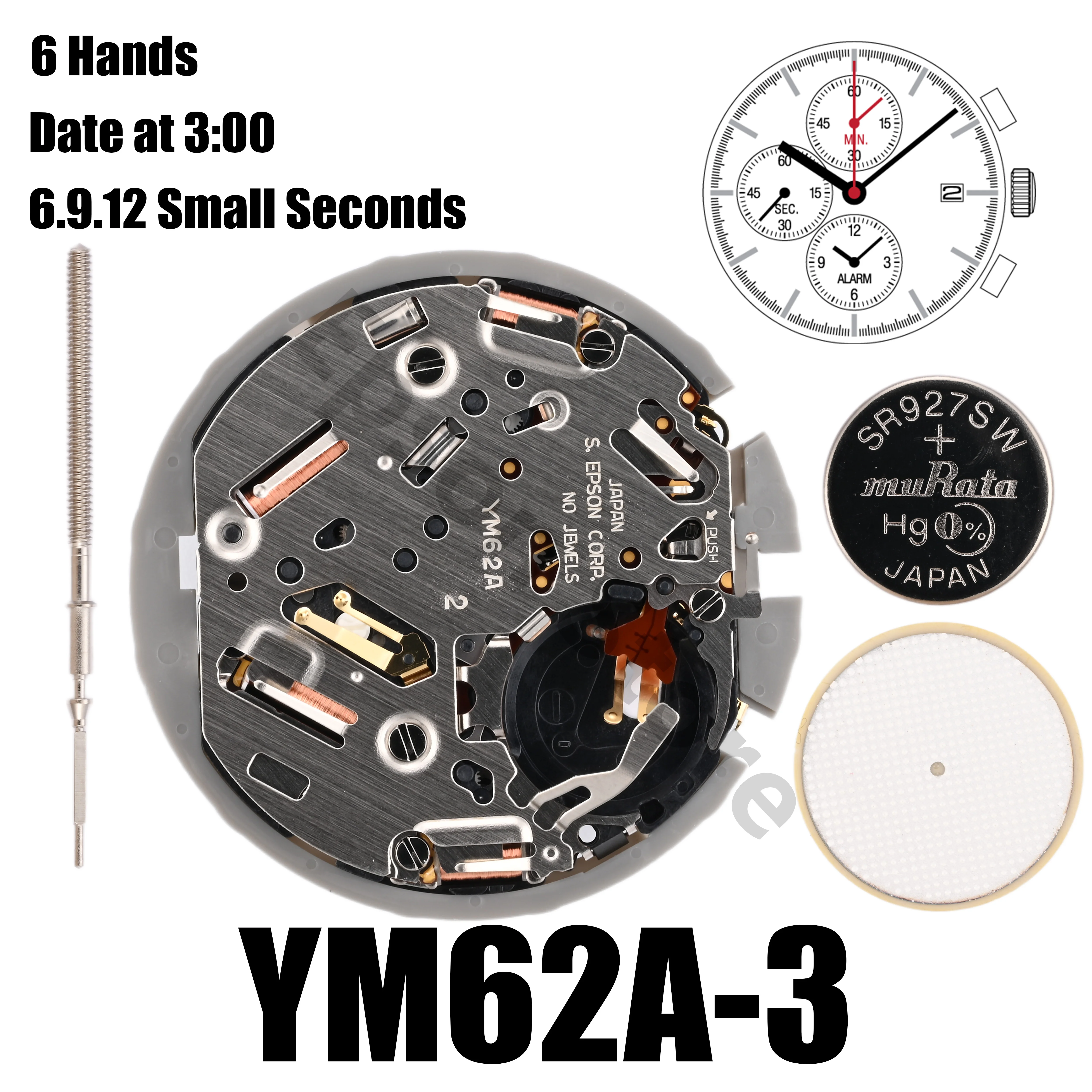 YM62 Movement YM62A Movement YM Series YM62A-3 Quartz Movement Size:12'''6 Hands 6.9.12 Small Seconds /date display at 3:00