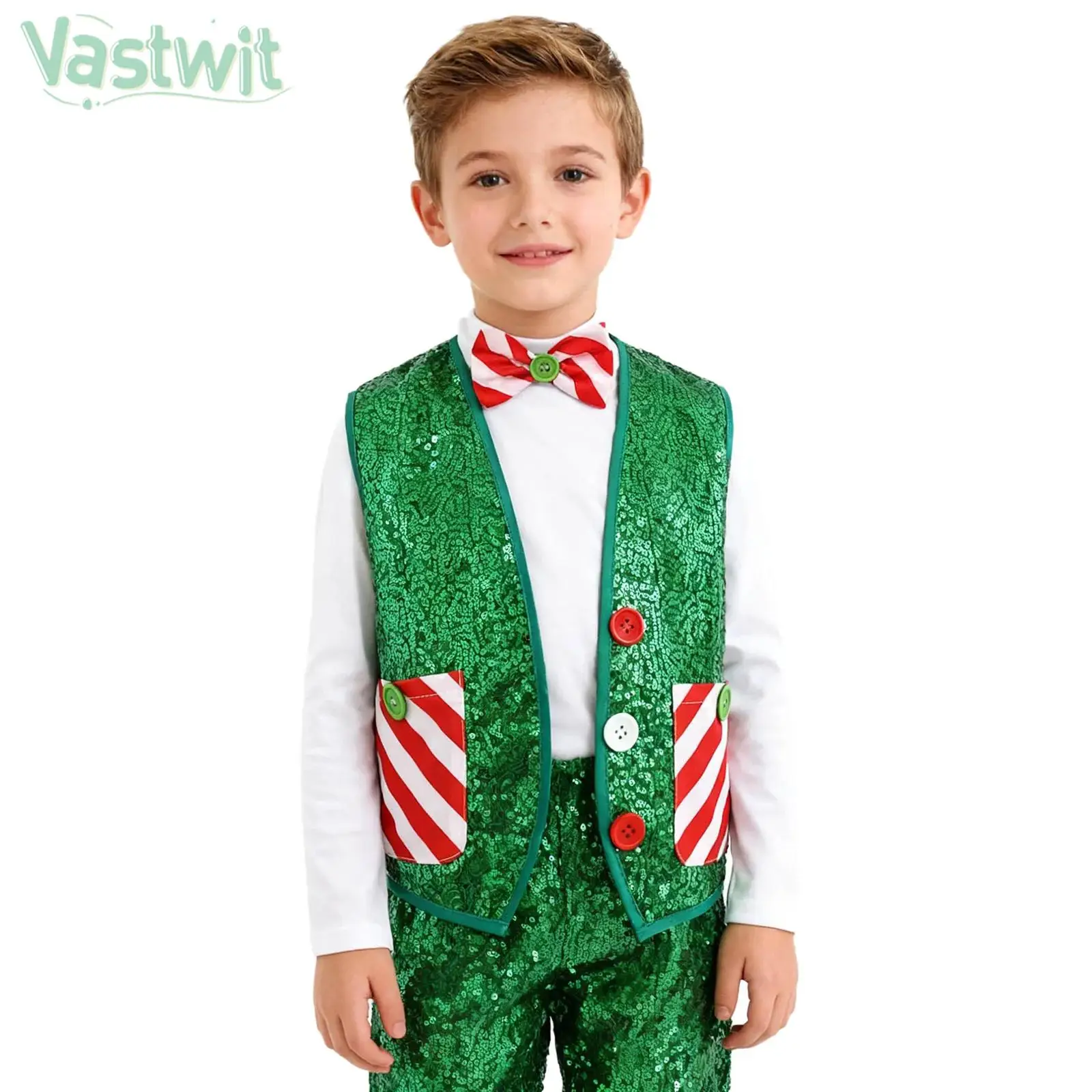 

4-16Y Kids Christmas Santa Elf Cosplay Costume Shiny Sequin Xmas Vest Latin Jazz Disco Dance School Choir Waistcoat with Bowtie