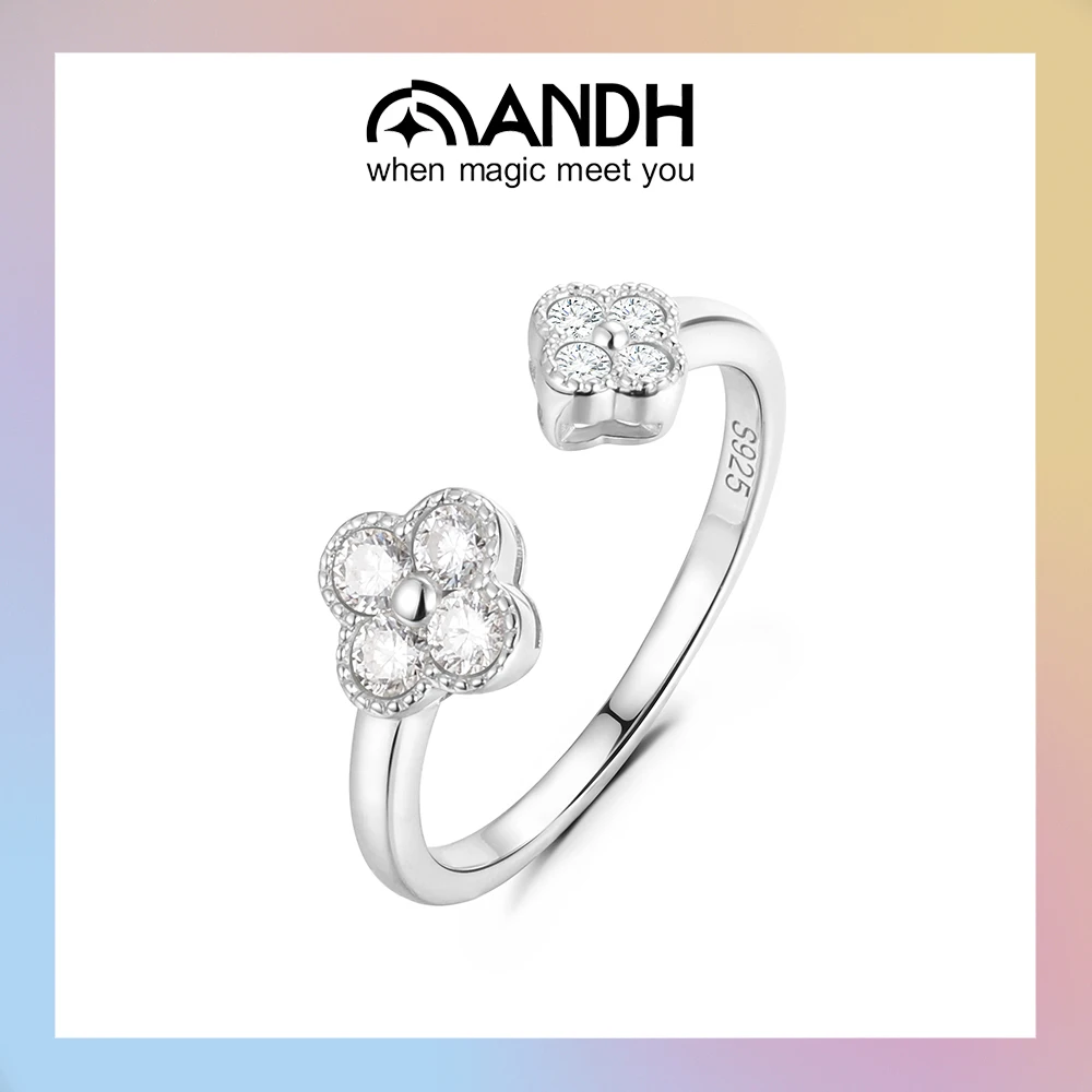

ANDH Open Adjustable Four-Leaf Clover Ring for Women Sparkling Moissanite Lucky Flower Rings Jewelry Gift 925 Sterling Silver