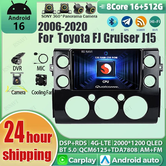 Radio para Auto con Android 16, Carplay, Pantalla QLED 2K Qualcomm, Reproductor Multimedia DSP, Bluetooth, 4G para Toyota FJ Cruiser J15 2006-2020