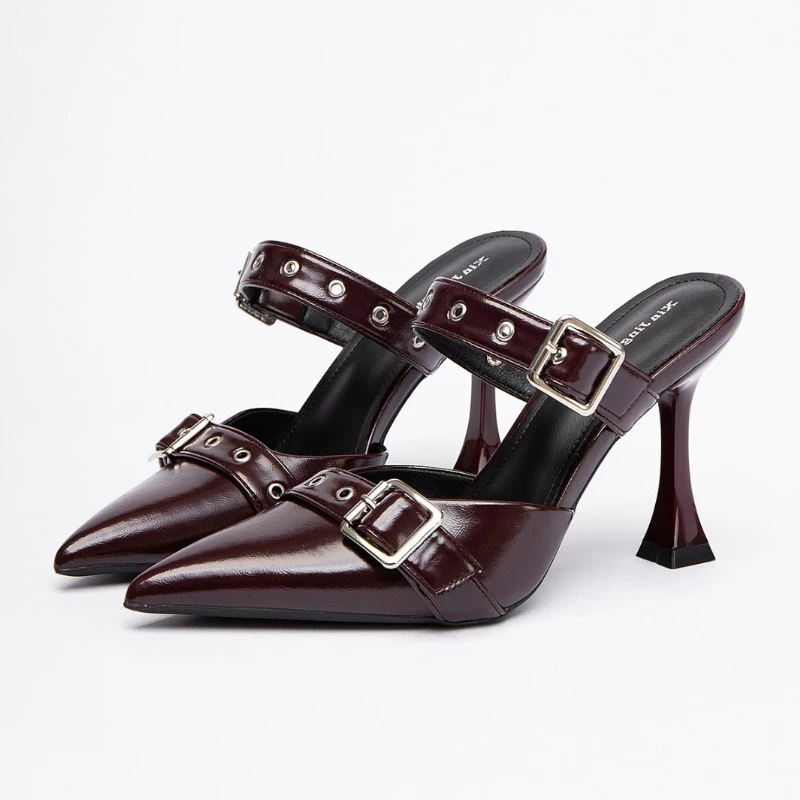 Fashion Metal Buckle Women's Mules with Heels Designer Luxury PU Leather Pointed Toe Heeled Sandals Punk Goth Heels for Ladies