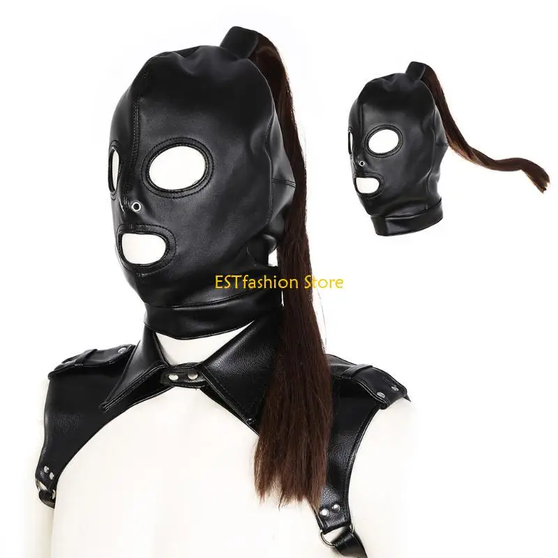Y5GC Faux Leather Volledig gezicht Hoofddekselmasker BDSM Hood met pruik volwassen seksspeeltjes