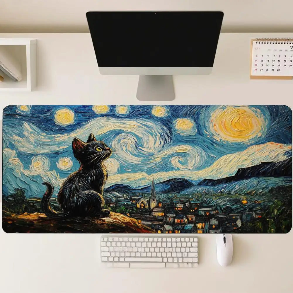 Van Gogh Starry Night Black Cat Large Mouse Pad Non Slip Rubber Base Artistic Desk Mat For Drawing Artist Creative Room Style