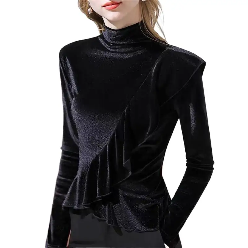 2024 Spring Women' Velvet Bottoming Tops Winter turtleneck Gold Velvet Shirt Autunm Solid ruffled Blouse Femina Blusa camisas