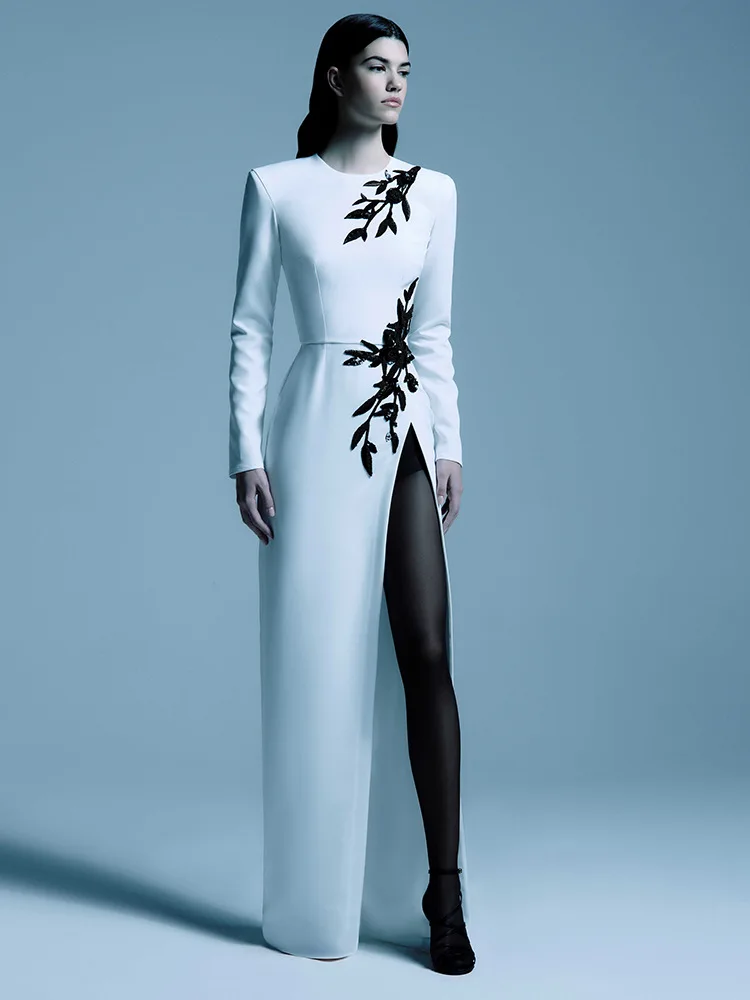 

2025 Women Celebrity Sexy Long Sleeve Leaves High Split White Midi Bodycon Dress Elegant Evening Party Club Outfit Vestido