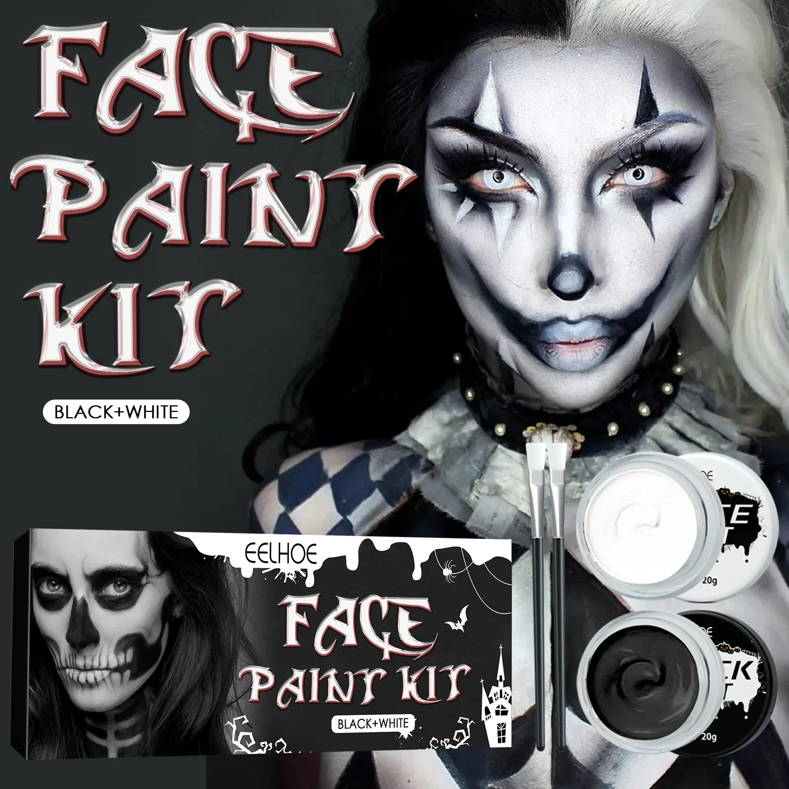 Halloween Cosplay Black + White Face Painting Vampire Zombie Skull Face Makeup Paint Send Two Brushes 40g DIY Art Create Effects