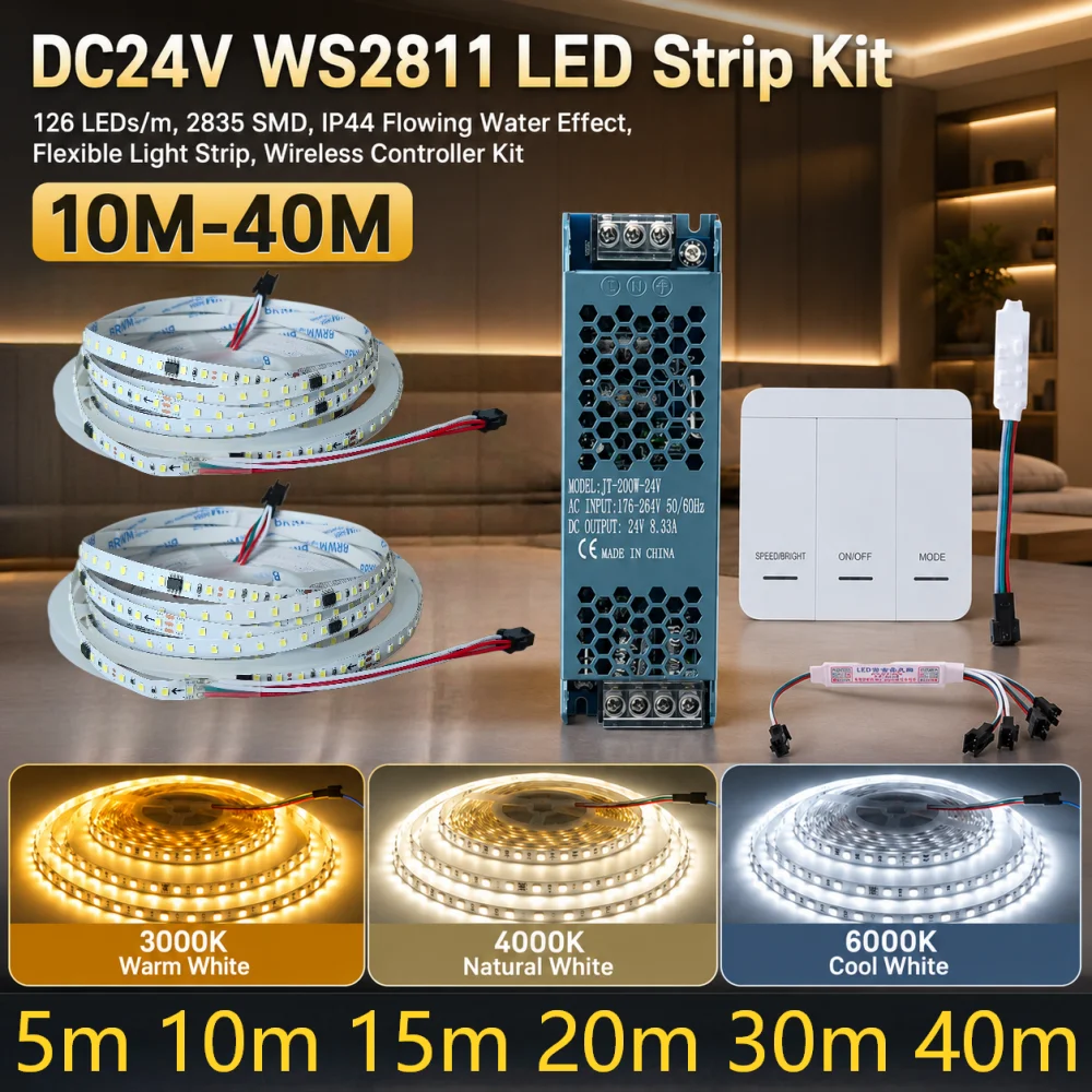 5M-40M 24V WS2811 2835SMD LED Strip 126Leds/M Running Water Flowing Light Wireless Controller Kit Bar Bedroom Party Decor Lamp