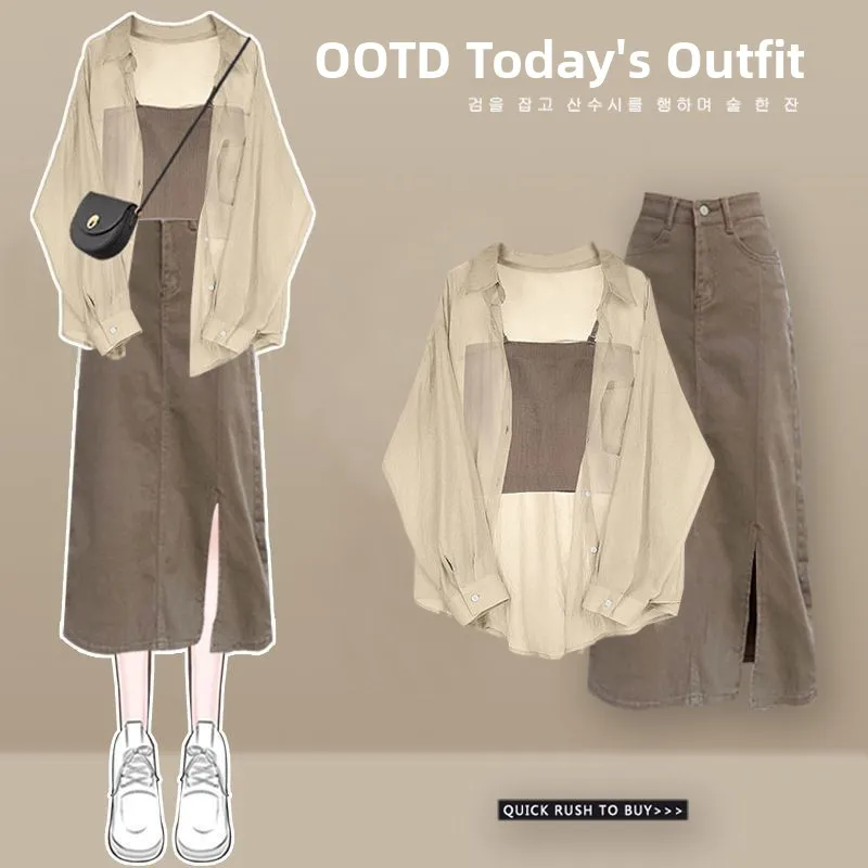 

Salt Series Summer Denim Set Women's New Hong Kong Style High-End Sun Protection Shirt Vivacious Anti-Aging Three-Piece Set