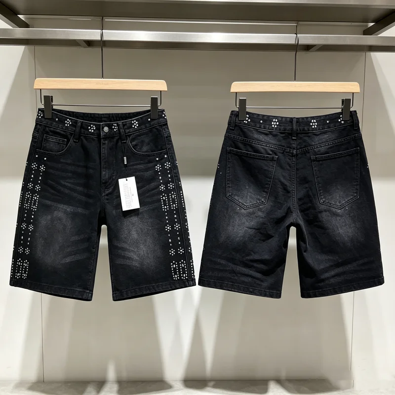 

VALLEY Embroidery Color Diamond Short Jeans Men Women American High Street Blue Black Loose Straight Denim Shorts