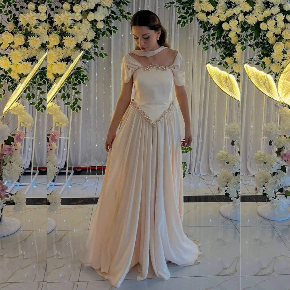 

Customized High Quality Charmeuse Pleat Pearl A-line Off-the-shoulder Long Dresses Bespoke Occasion Evening Exquisite
