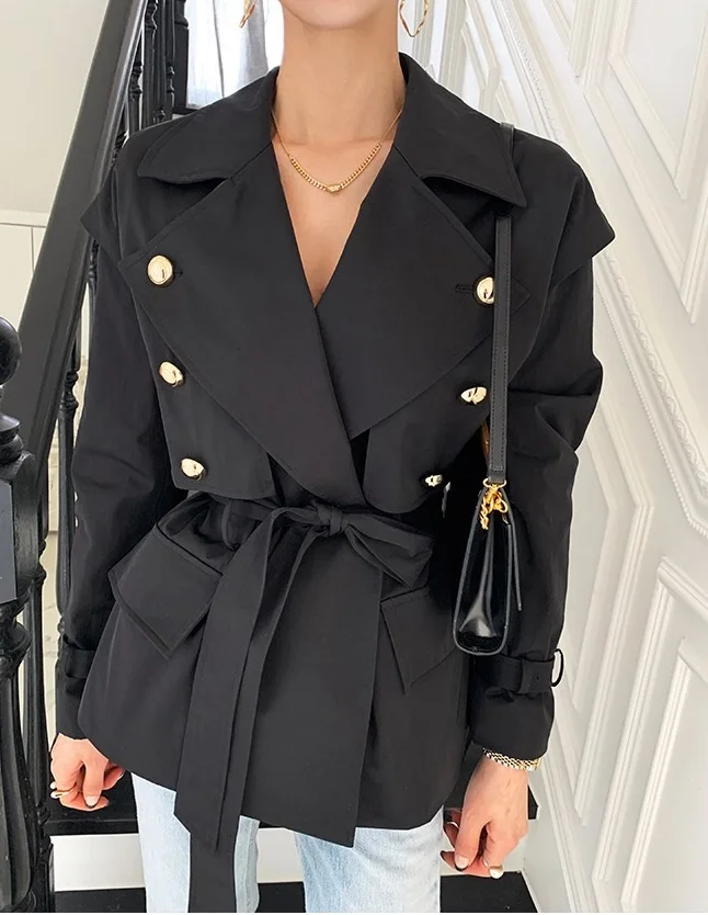 2colors Vintage Short Trend Loose Jacket Women Casual Long Sleeves Lace Up Lapel Commuter Jacket 2025 New Lady Streetwear(W11756