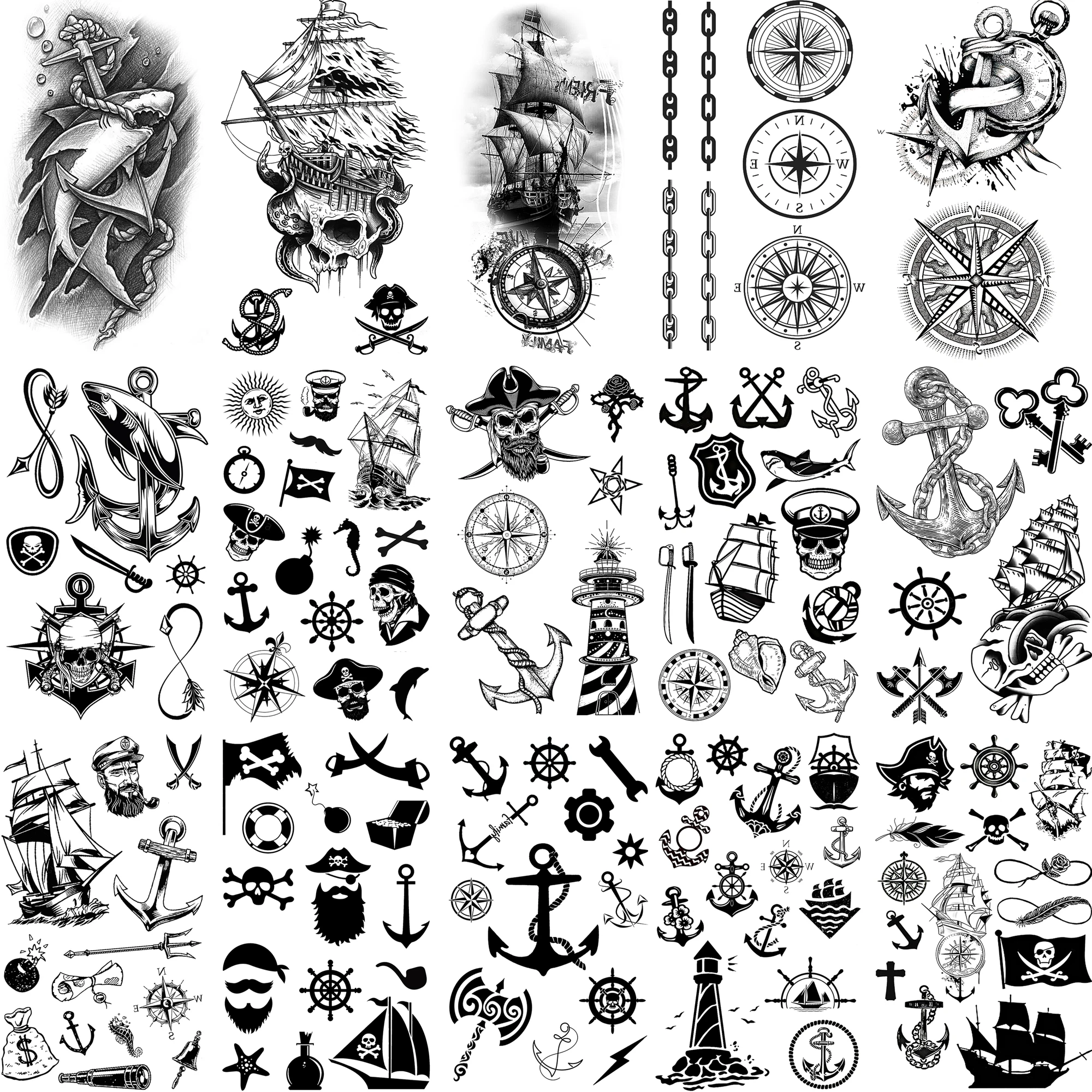 

15 листов пиратский компас якорь маленькие временные татуировки для мальчиков мужчин женщин поддельные татуировки наклейки руки палец шеи водостойкие