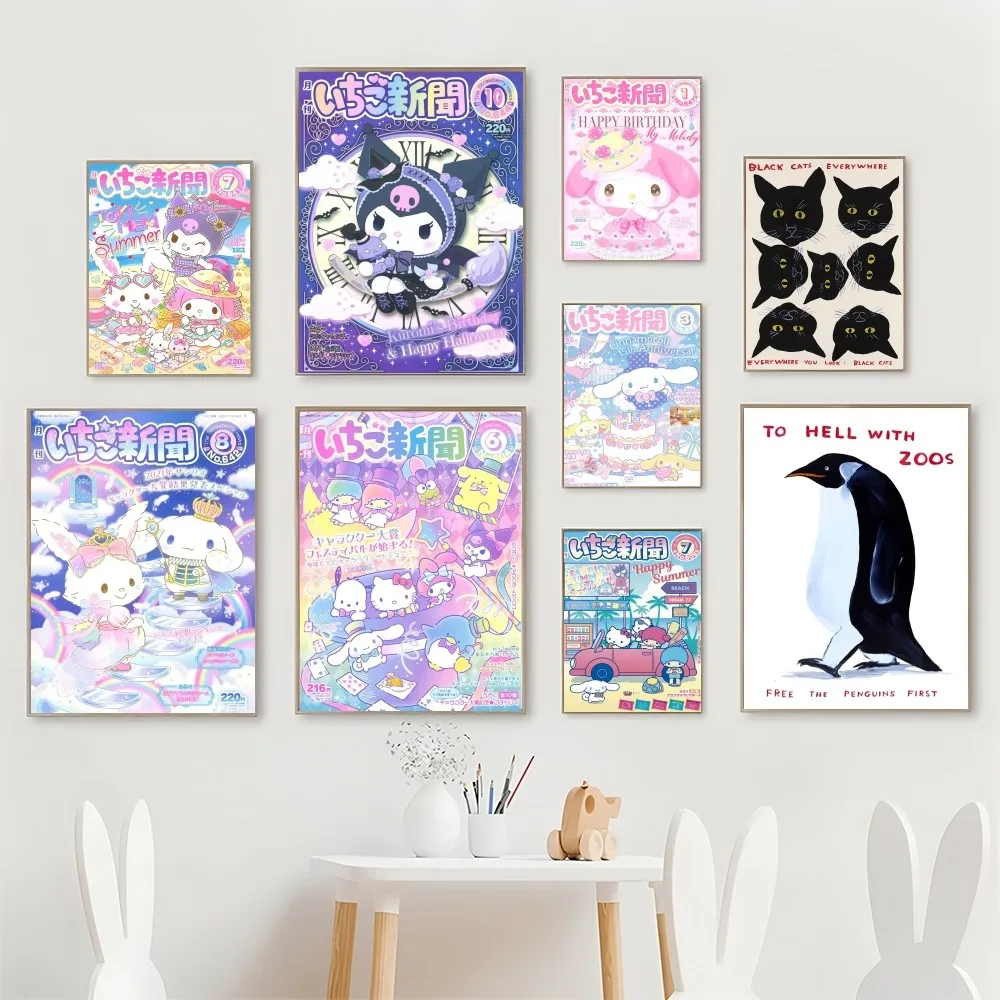 1PC Cute Melody Kuromi Cinnamoroll Poster Self-adhesive Art Waterproof Paper Sticker Coffee House Bar Room Wall Decor