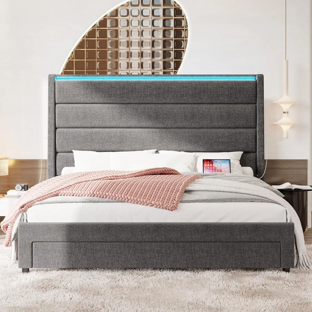 King Size Bed Frame with 55 Inches All Wingback Headboard & Drawer & 2 Charging Station, Upholstered King Platform Bed, No