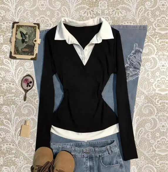 

2026 Autumn New Women's Fashion Casual Color blocked Slim fit Collar T-shirt Top Women's Wear