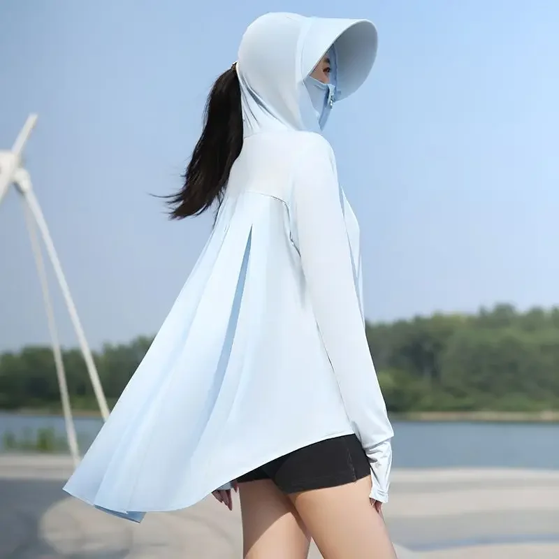 Resistant Hooded Zipper Front Short and Back Long Pockets Sunscreen Shirt Long Sleeve Summer Women Clothing Casual Solid Coat