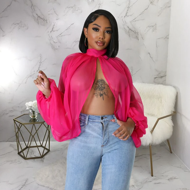 Gradient Print Batwing Sleeve Chiffon Shirts Long Sleeve Front Split Sexy See Through Casual Loose Asymmetrical Tops Streetwear