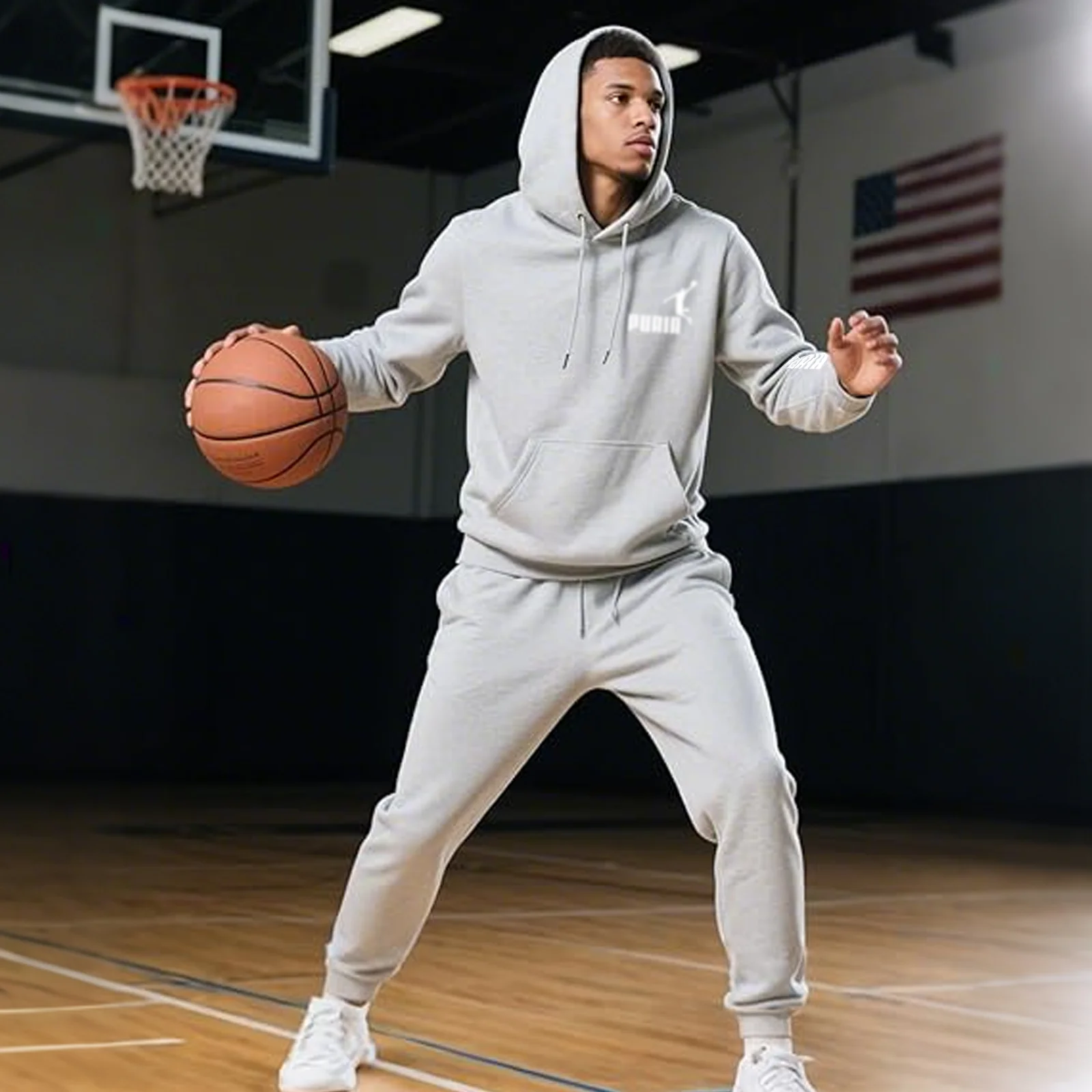 

Men's comfortable sports t-shirt and sweatpants set, sweatshirt with a hood and jogging pants, for indoor and outdoor use. High-