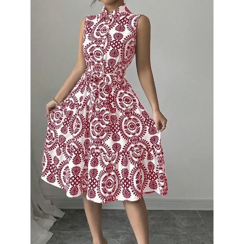 Women's Fashion Collar Waist Strap Tank Dress Ladies Casual Floral Printed Comfortable Sleeveless Party Dress