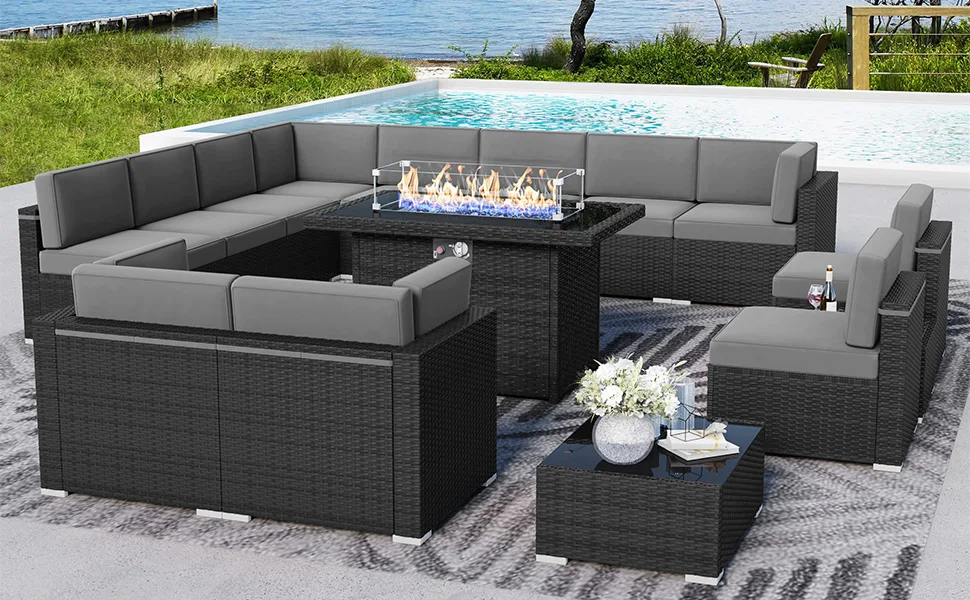 

15 Piece Patio Furniture Set with Fire Pit Table, Outdoor Conversation Sets Wicker Rattan Sectional Sofa with Coffee Table