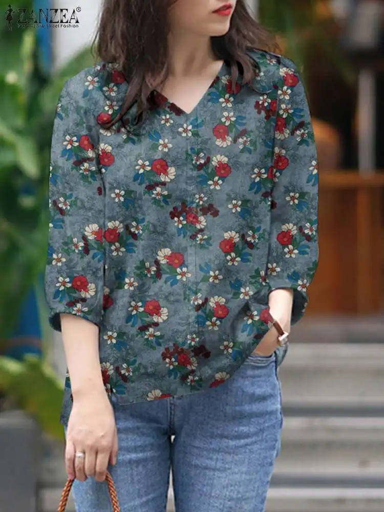 

ZANZEA Vintage Floral Printed Blouse Summer Women Tops Work Holiday Shirt V-Neck 3/4 Sleeved Blusas Casual Cotton Chemise