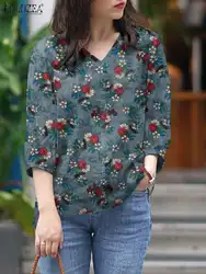 ZANZEA Vintage Floral Printed Blouse Summer Women Tops Work Holiday Shirt V-Neck 3/4 Sleeved Blusas Casual Cotton Chemise