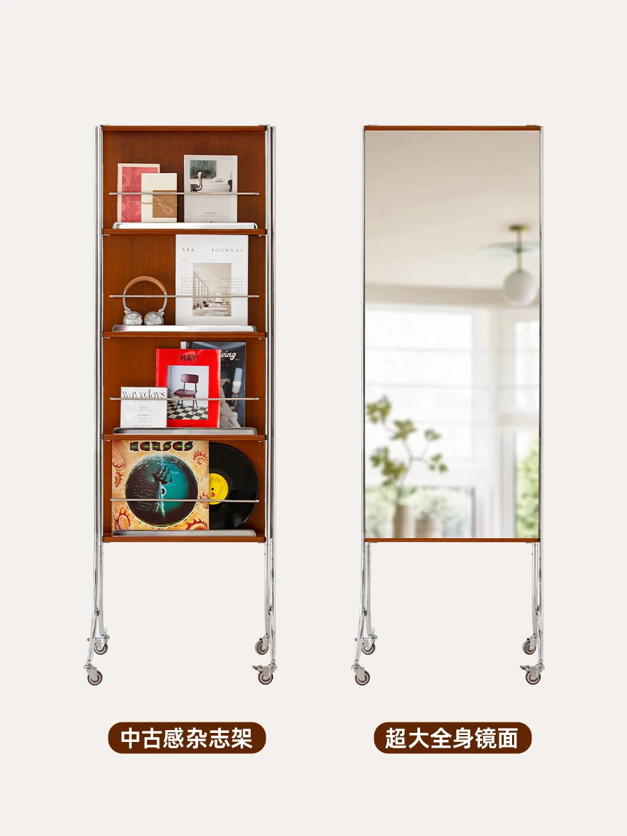 Magazine rack, full-length, movable rotating floor-to-ceiling, solid wood, vintage dressing, fitting mirror