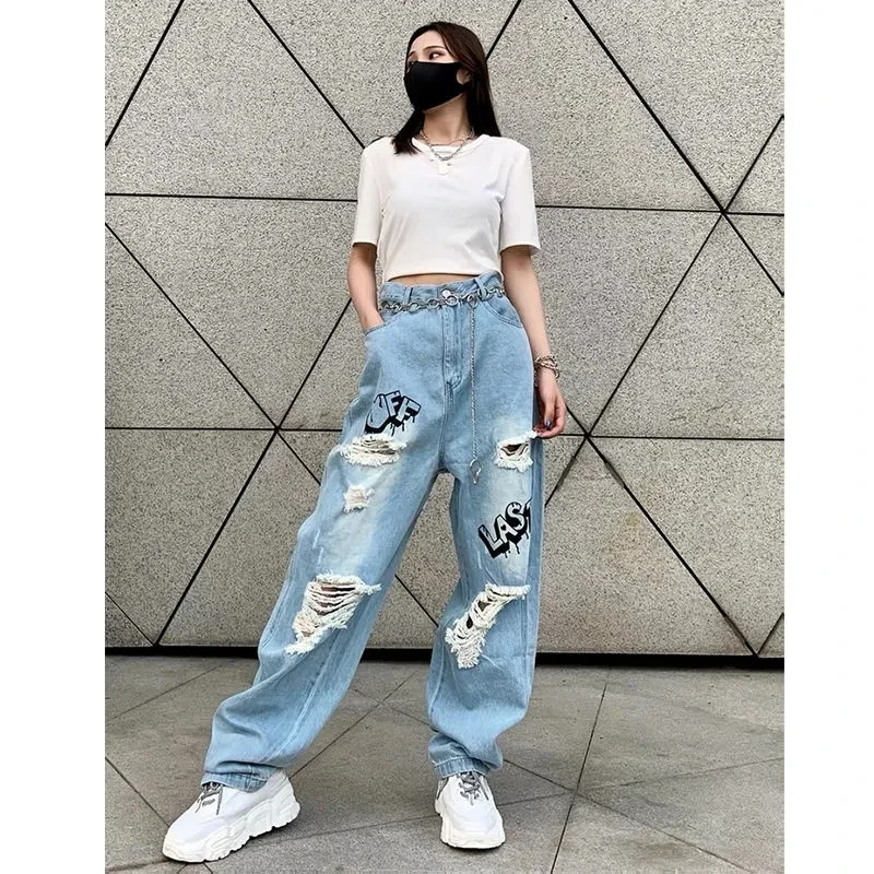 Y2k Women Graffiti Hole Wide Leg Jeans Streetwear Fashion Casual Pants Spring Summer New High Waist Loose Vintage Denim Trousers