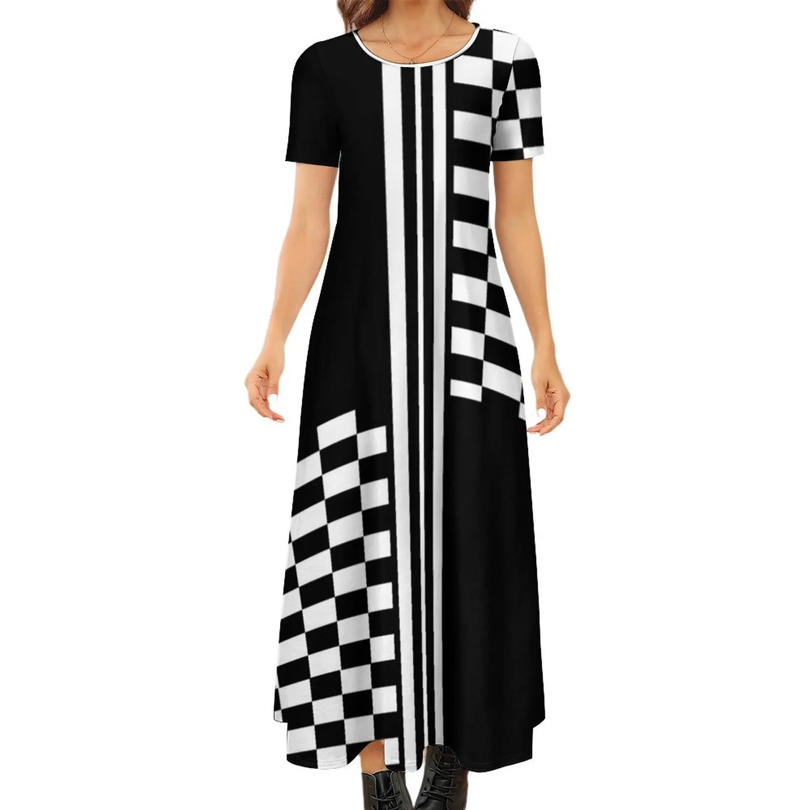 

Стильное черно-белое платье в клетку и в полоску с круглым вырезом и коротким рукавом платья для выпускного вечера женское элегантное роскошное