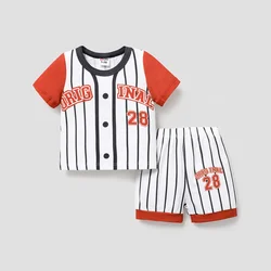 PatPat 2pcs Baby Boy Number & Letter Print Short-sleeve Striped Naia™ Tee and Shorts Set Soft and Comfortable