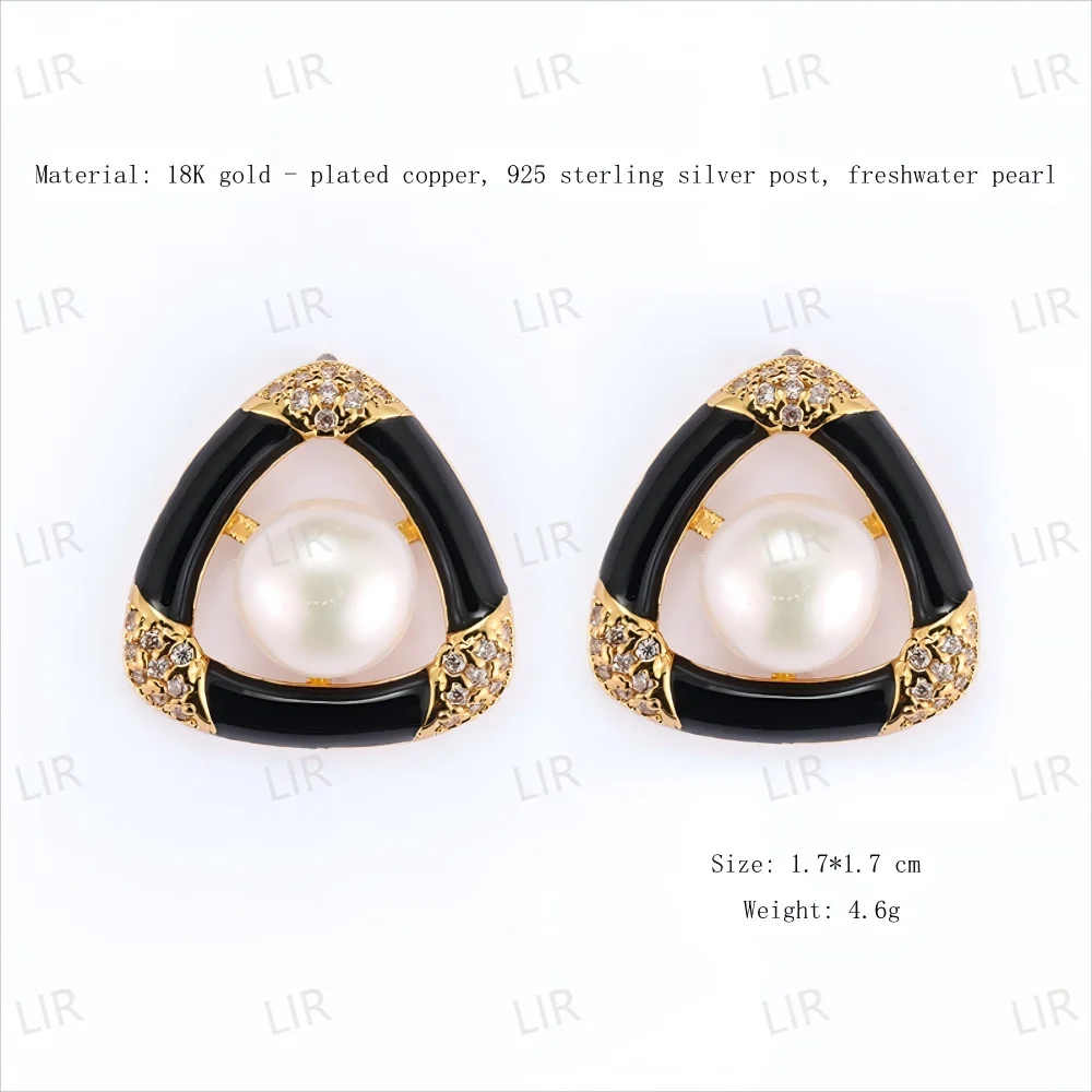 

LIR Vintage Triangular Enamel Freshwater Pearl Studs | Black & White | Face-Flattering | Free Shipping | Gift Box | Great Value