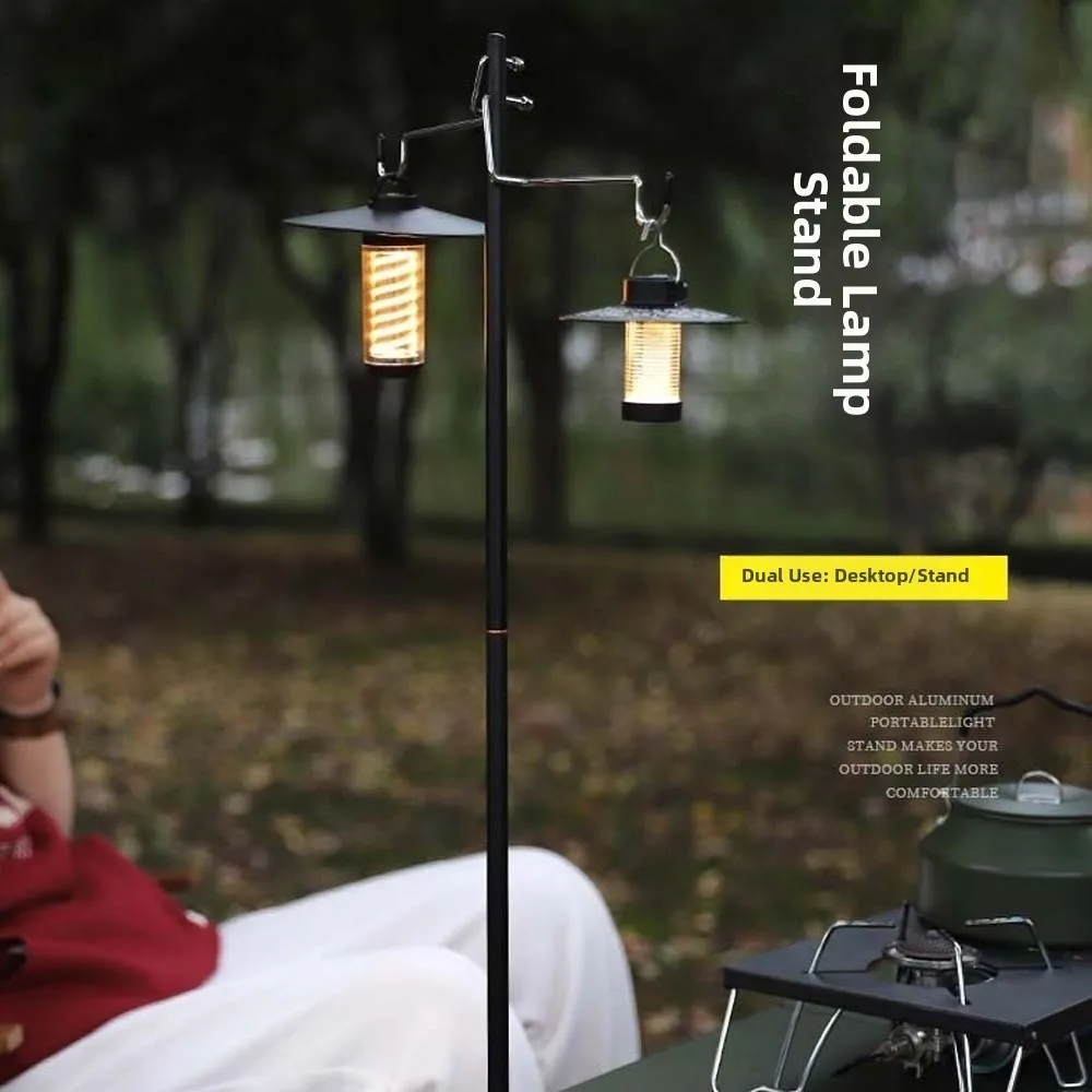 Portable Aluminum Alloy Camping Lamp Rod Polyester Black Folding Lamp Stand Easily Assemble Stable Portable Lantern Holder Yard