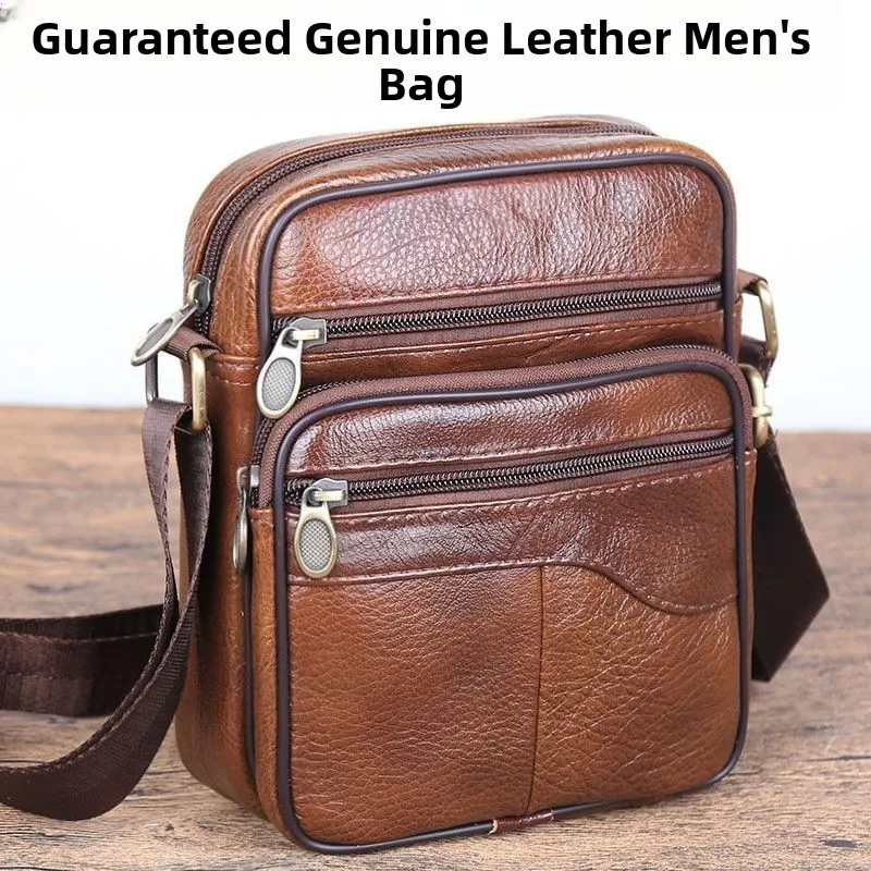 Genuine Leather Men's Shoulder Bag Calfskin Crossbody Business Backpack Multi-Layered Briefcase American Retro Style