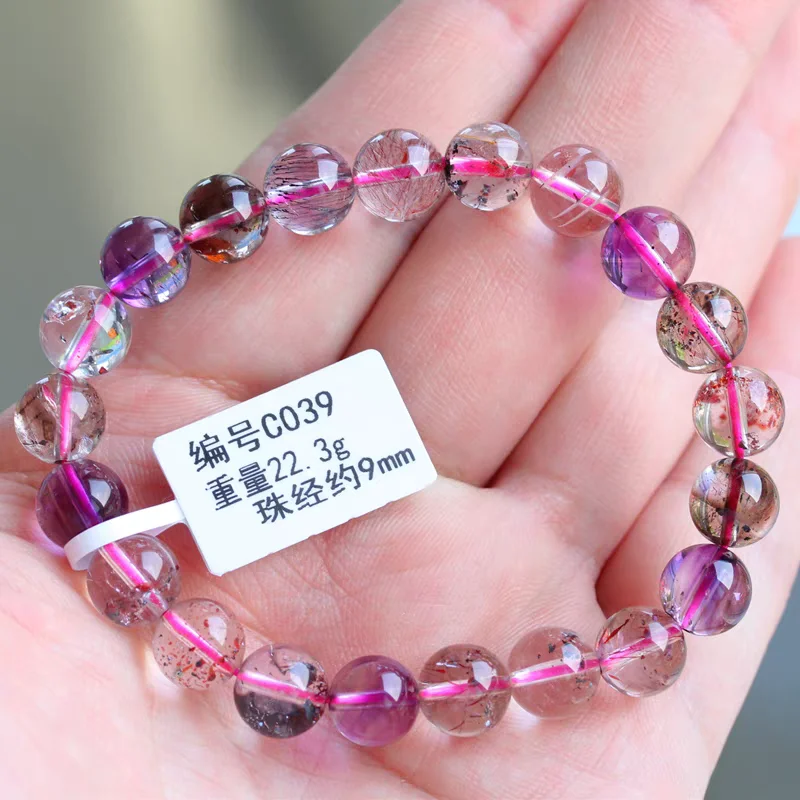 Natürliches rotes Super Seven 7-Quarz-Perlen-Armband, 7,5 mm, klare runde Perlen, Kristall, Damen und Herren, AAAAA