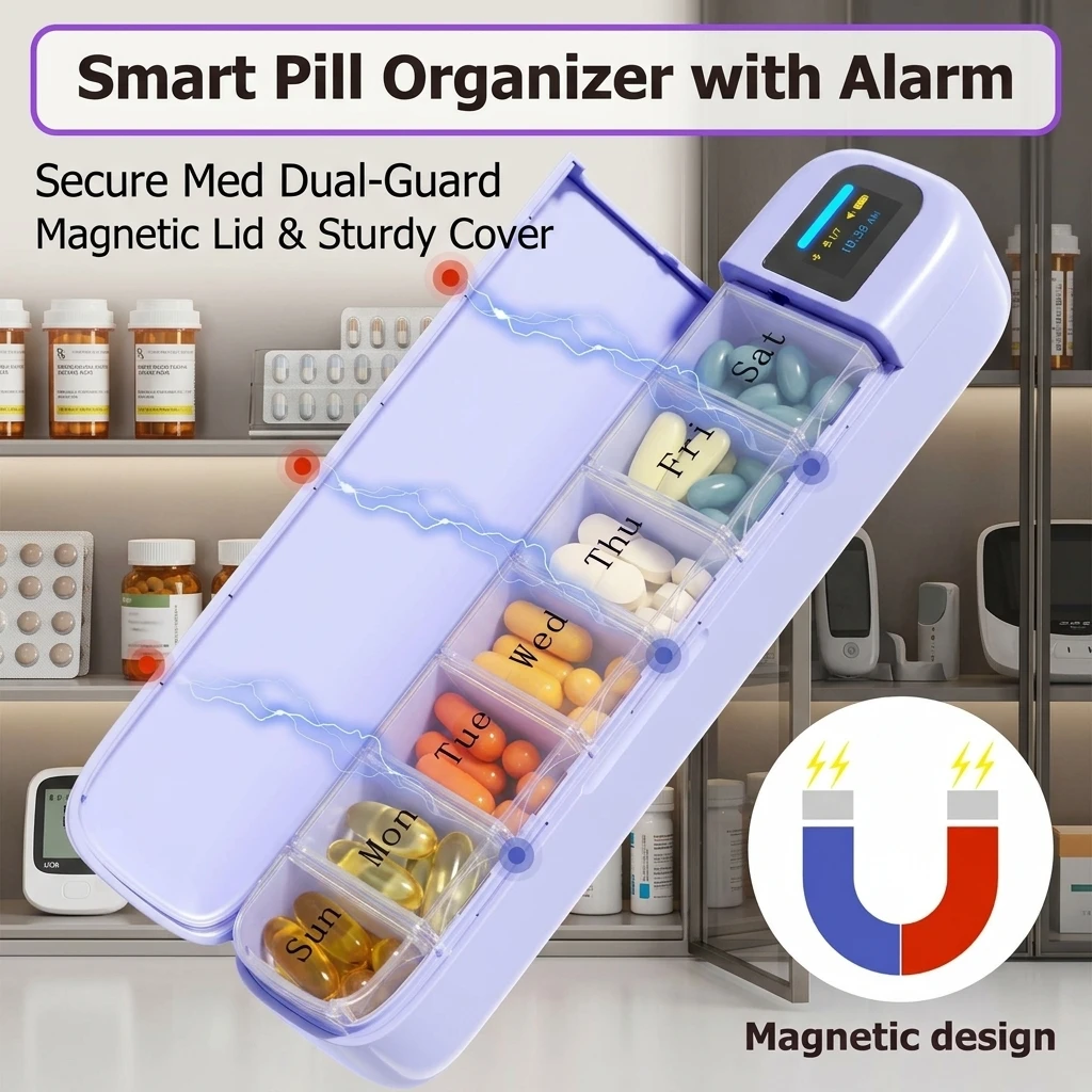 

Purple Daviky Pill Box 7 Day with APP & Alarm, Smart Automatic Pill Dispenser, Elderly Friendly Pill Reminder